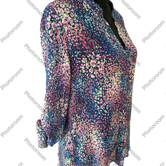 Kut from the Kloth Blue & Pink Medium Floral 3/4 Rolltab Sleeve Sheer Blouse - Picture 3 of 6